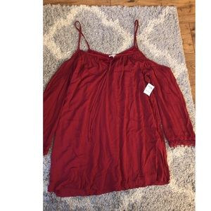 Red/Maroon over the shoulder dress.